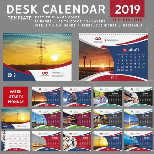 Desk calendar 2019, desktop calendar template, red calendar, Week starts on Monday, Vector Illustration, suitable for company, spiral calendar