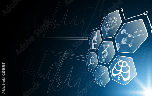 abstract background technology concept and icon in blue light,brain and human body heal,technology modern medical science in future and global international medical with tests analysis clone DNA human
