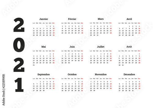 2021 year simple calendar on french language, isolated on white