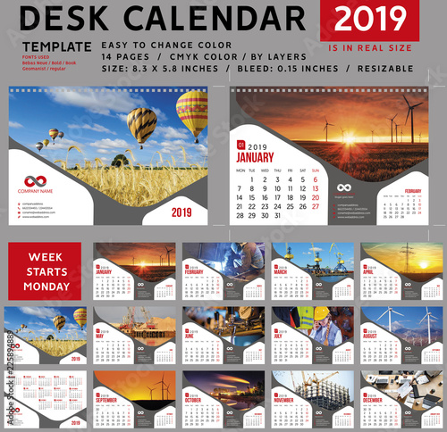 Desk calendar 2019, desktop calendar template, red calendar, Week starts on Monday, Vector Illustration, suitable for company, spiral calendar