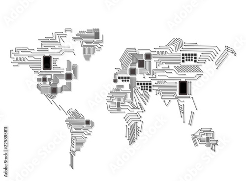 Abstract world map with cpu. Circuit board. Technology background. Vector illustration. Eps 10