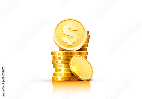 Dollar coin with a bunch of coins on a white background. Vector illustration