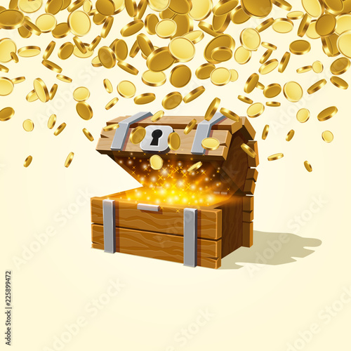 Open chest with gold, Falling from the top a lot of coins. Vector illustration