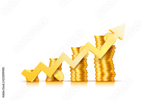 Finance growth chart arrow with gold coins on a transparent background. Vector illustration