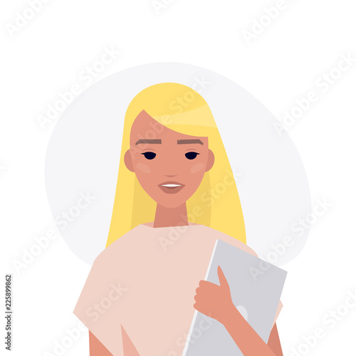 A portrait of young millennial character. Blonde caucasian girl holding a laptop. Flat editable vector illustration, clip art