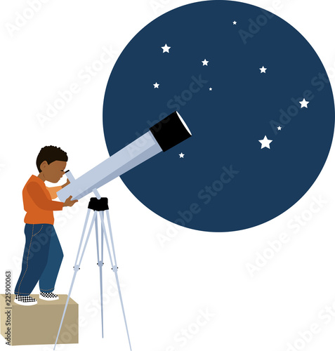 Little boy looking into a telescope to the stars, EPS 8 vector illustration
