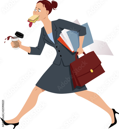 Businesswoman eating on the run, with no time for a proper breakfast, EPS 8 vector illustration