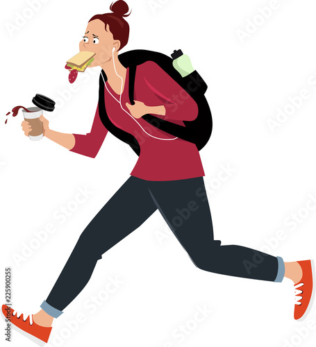 Female student eating while running, with no time for a proper breakfast, EPS 8 vector illustration