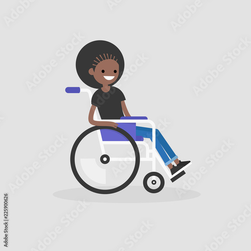 Young disabled black female character sitting in a wheelchair. Disability. Daily life. Flat editable vector illustration, clip art