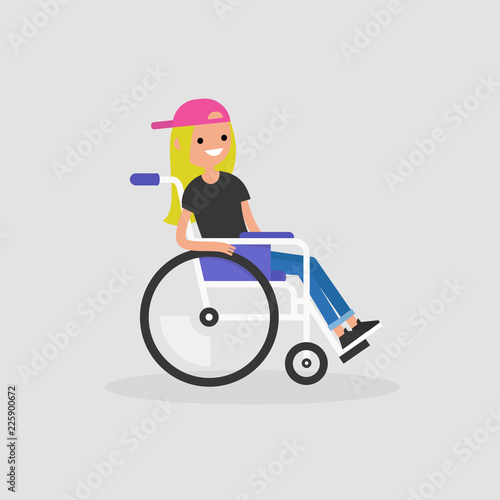 Young disabled female character sitting in a wheelchair. Disability. Daily life. Flat editable vector illustration, clip art