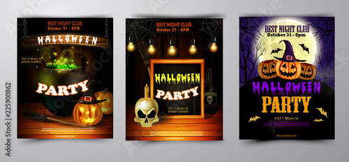 Halloween party invitation on wooden wall background