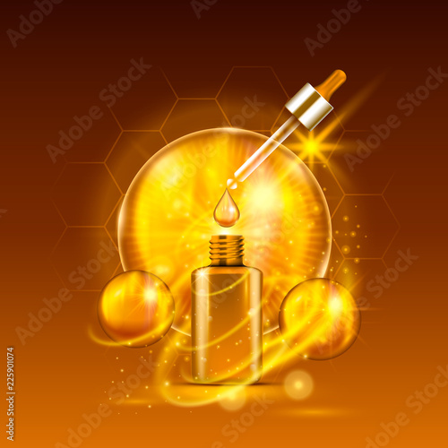 Vital serum golden dropper bottle on light brown background. Vitamin formula treatment design. Advertising concept. Vector