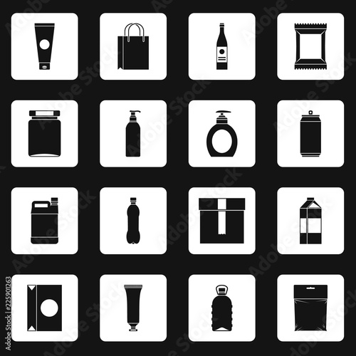 Packaging items icons set in white squares on black background simple style vector illustration