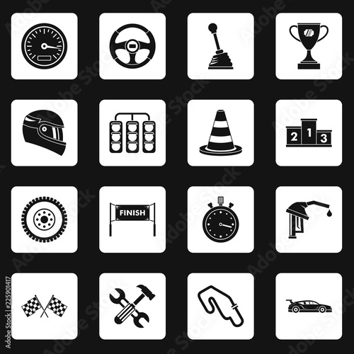Racing speed icons set in white squares on black background simple style vector illustration