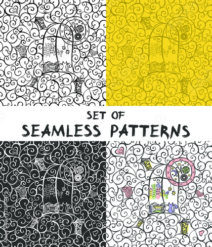 Set of four hand drawn seamless patterns. Cat look out the window, hand drawn illustration. Vector illustration