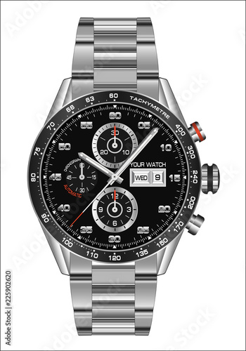 Realistic watch clock chronograph steel black face for men design luxury on white background vector illustration.