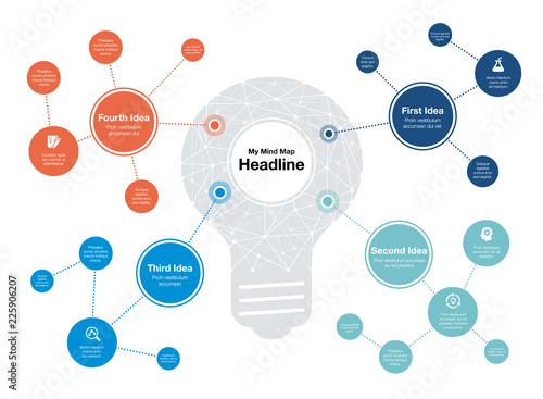 Infographic for mind map visualization template with light bulb as main symbol and colorful circles, isolated on light background. Easy to use for your website or presentation.