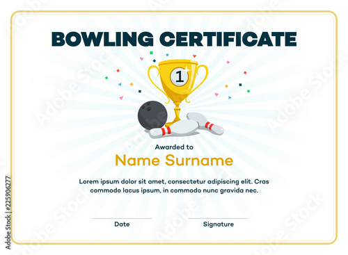 Modern first place bowling certificate diploma with a gold winning cup and place for your content. Isolated on light background with transparent shadows.