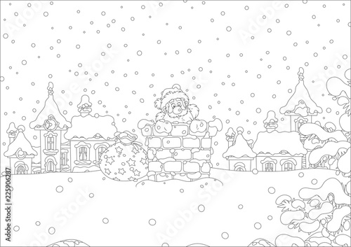 The night before Christmas, Santa Claus looking out of a chimney on a snow-covered roof. Black and white vector illustration