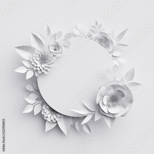 Download 3d Render Abstract White Paper Flowers Round Frame Floral Background Decoration Greeting Card Template Blank Banner Stock Illustration Adobe Stock