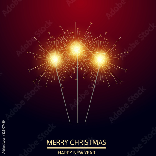 Merry Christmas greeting card with bengal candles. Vector.