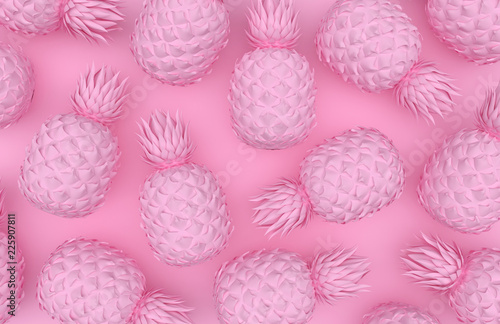Pink monochrome pineapples on a pink background. Texture in pastel colors. Tropical exotic fruit. 3D rendering.