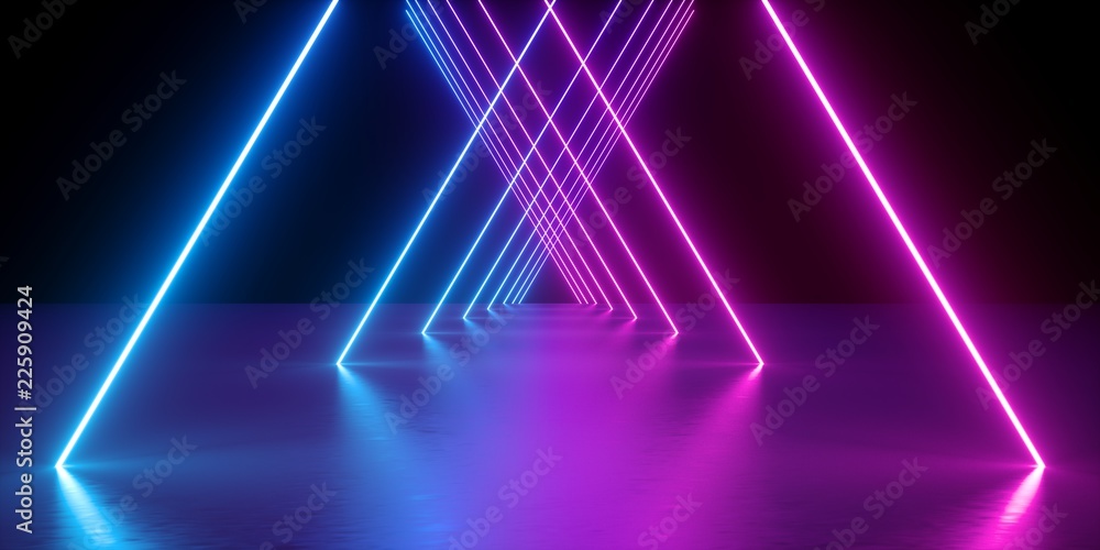 3d render, neon lights, abstract background, glowing lines, virtual reality, violet triangular arch, ultraviolet, infrared, spectrum vibrant colors, laser show - obrazy, fototapety, plakaty 