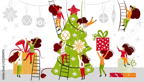 Small people characters decorating christmas tree. New year decoration. Fantasy little people in giant world flat cartoon style hand drawn vector illustration.