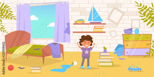 Children's room. Dirty, messy Vector. Cartoon. Isolated art on white background.