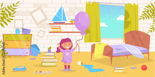 Children's room. Dirty, messy Vector. Cartoon. Isolated art on white background.