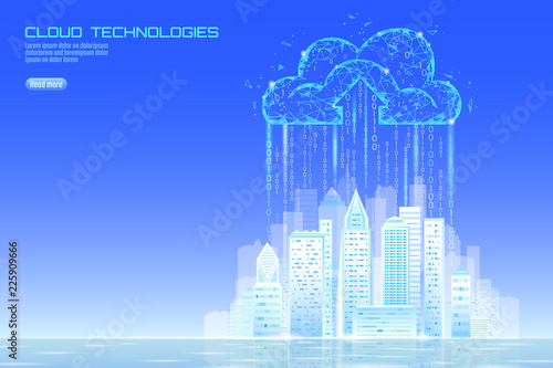 Smart city 3D light cloud computing cityscape. Intelligent building big data exchange storage online futuristic business concept future technology. Urban banner vector illustration