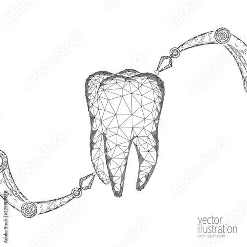3d tooth innovation robot arm polygonal concept. Stomatology symbol low poly triangle abstract oral dental medical care business. Connected dot particle modern render white vector illustration