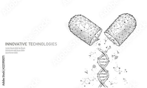 Opened drug capsule medicine business concept. DNA gene therapy glowing medicament prebiotic probiotic ball health care cure illness. Antibiotic vitamin medical nutrition low poly vector illustration