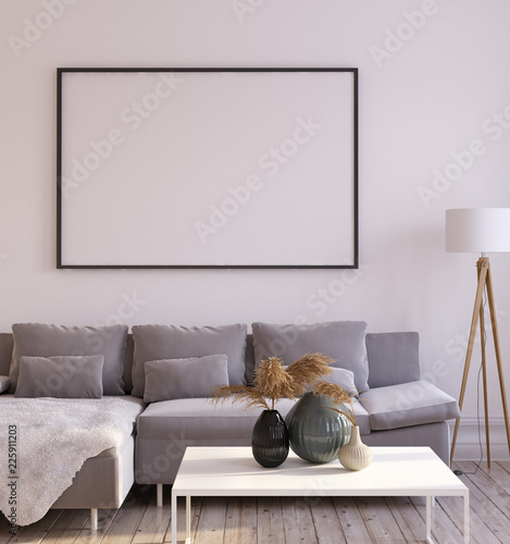 Mock up frame in living room interior, 3d render