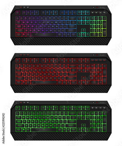 Gaming keyboard with LED backlit. Realistic computer keyboards set.