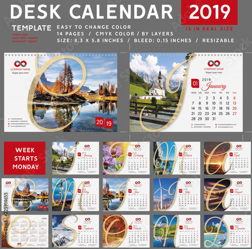 Desk calendar 2019, desktop calendar template, red calendar, Week starts on Monday, Vector Illustration, suitable for company, spiral calendar