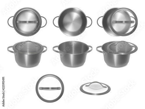 collection of empty metal pots with glass lids in different angles, side, top, separately. Set of steel pots. Realistic style. Vector illustration.