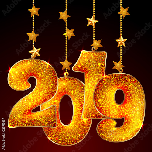 2019 inscription made of shiny material, isolated on black background