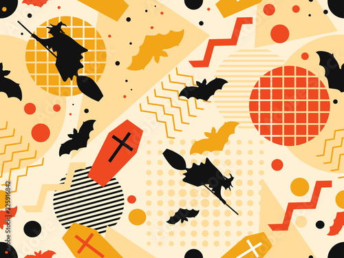 Halloween seamless pattern in memphis style. Witches on a broomstick with bats and geometric figures. Vector illustration