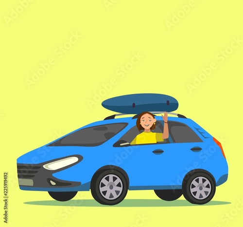 Woman driving Car with Luggage trunks suitcase on top. Travel or relocation, migration, trip concept.