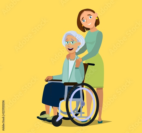 Elderly woman sitting on a wheelchair with daughter. Women are embracing older women. affectionately. feeling happy of family relationship.Concept of care for the elderly, patients or the disabled.