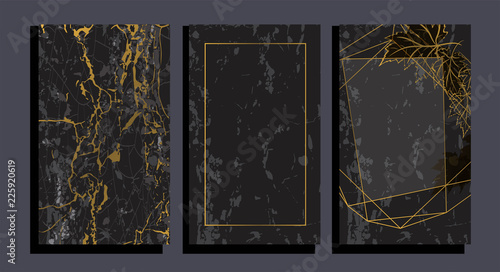 Set of elegant brochure, card, cover. Black and golden marble texture. Vintage gold background. Geometric frame. Maple leaves. Botanical art