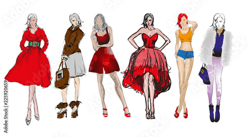 Sketch. Fashion Girls on a white background. Vector illustration