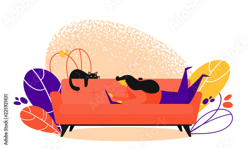 Concept of couchsurfing character. Woman lying on couch and search with laptop a place to travel.