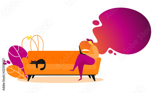 Concept of couchsurfing character. Man on couch searching with laptop a place to travel.