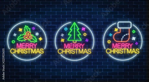 Set of three christmas illustrations in neon style. Holiday signs with holly, christmas tree and holiday sock.