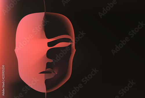 Abstract woman mask with mosaics. Silk red background