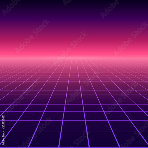 Vector perspective grid. Abstract retro background in 80s style.