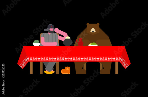 Russian man and bear at table. National folk beast from Russia