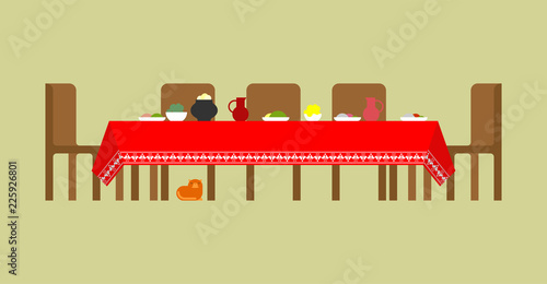 Russian table with food. Traditional Russia meal. National folk cuisine